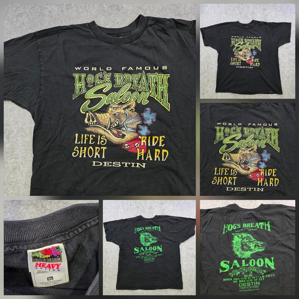 VTG Hog's Breath Saloon T Shirt Mens XL Black Destin Life Is Short Biker Graphic